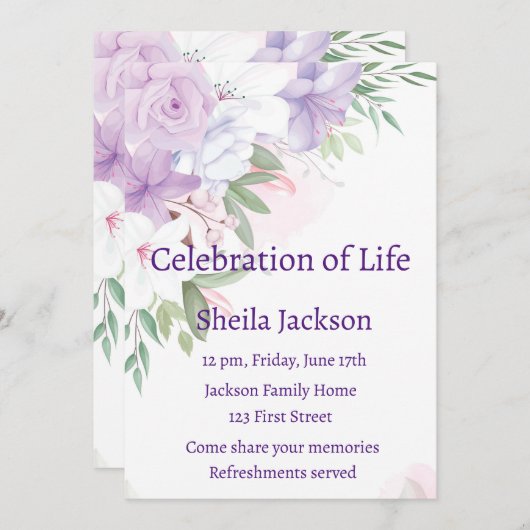 Memorial Foto Custom Lila White Roses Blume Einladung (Vorne/Hinten)