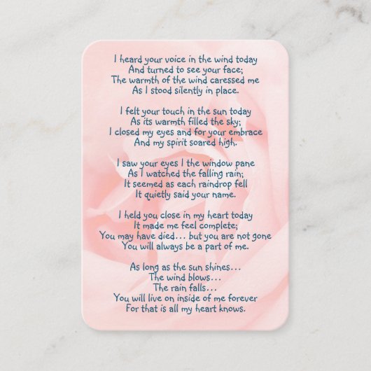 Memorial Foto Custom Pink Rose Blumengarten Visitenkarte (Vorderseite)