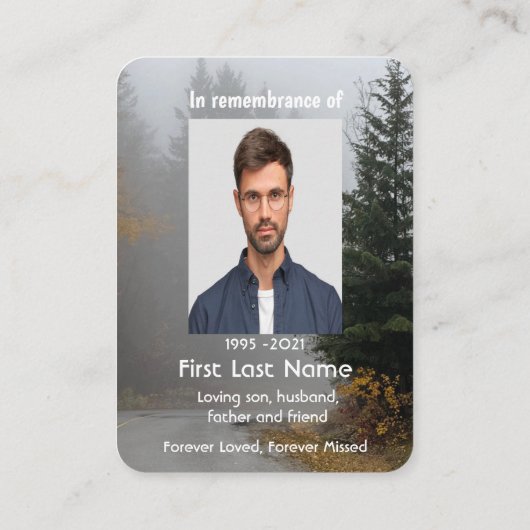 Memorial Foto Foggy Road Trees Keepake Visitenkarte (Rückseite)