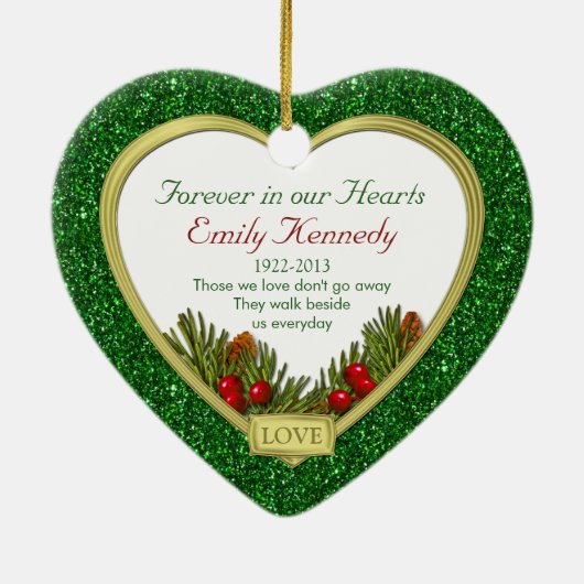 Memorial Foto Pine Boughs Berries Grün Weihnachten Keramikornament (Hinten)