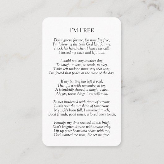 Memorial Foto Prayer Card - Ich bin kostenlos Visitenkarte (Rückseite)