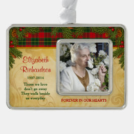 Memorial Foto Template Weihnachten Tartan Pine Rahmen-Ornament Silber