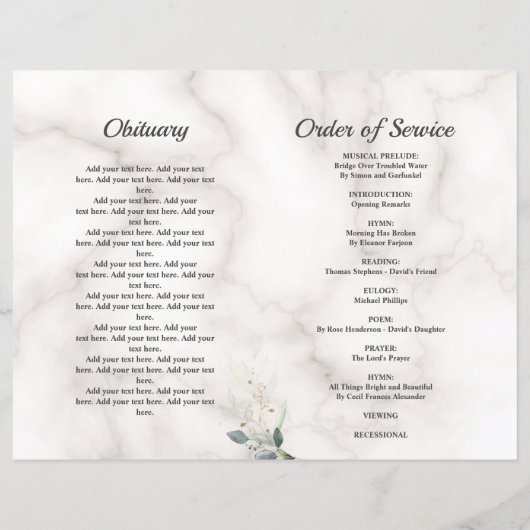 Memorial Funeral Order of Service Marble Programm (Rückseite)
