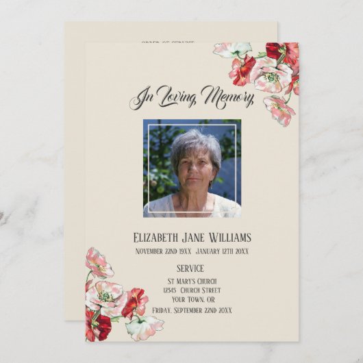 Memorial in Love Memory| Mohn Order of Service Einladung (Vorne/Hinten)