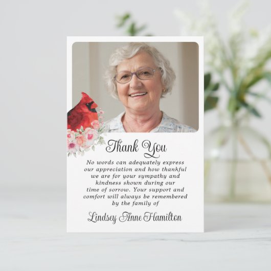 Memorial Kardinal Floral Foto Vielen Dank Dankeskarte (Stehend Vorderseite)