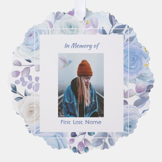 Memorial Keepake Hummingbird Blue Rose Ornament Karte (Vorderseite)