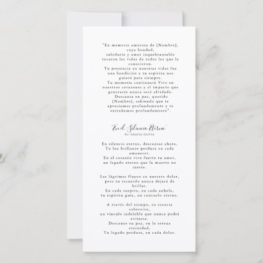 Memorial Keepake Spanisches Beerdigungs-Foto-Lesez (Rückseite)