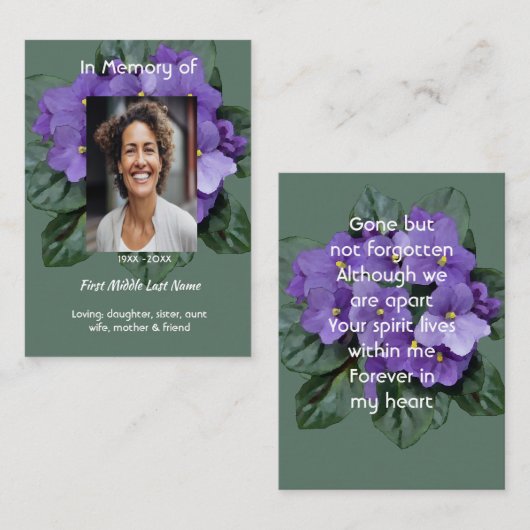 Memorial Keepsake African Violet Visitenkarte (Vorne/Hinten)