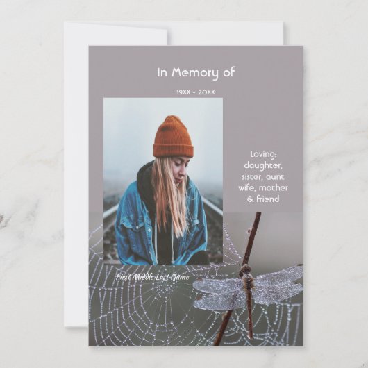 Memorial Keepsake Card Dragonfly Dewdrops Einladung (Vorderseite)