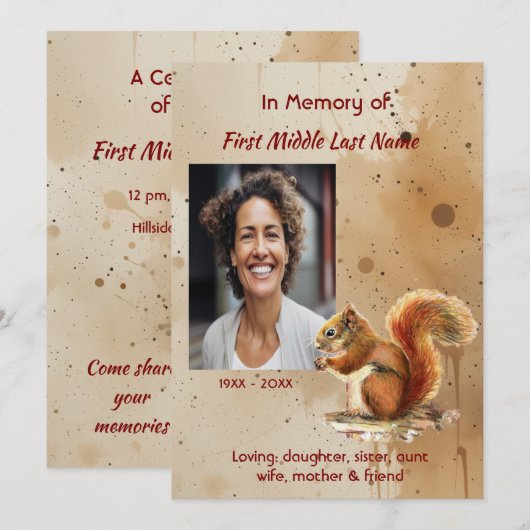 Memorial keepsake Cute Red Squirrel Einladung (Vorne/Hinten)