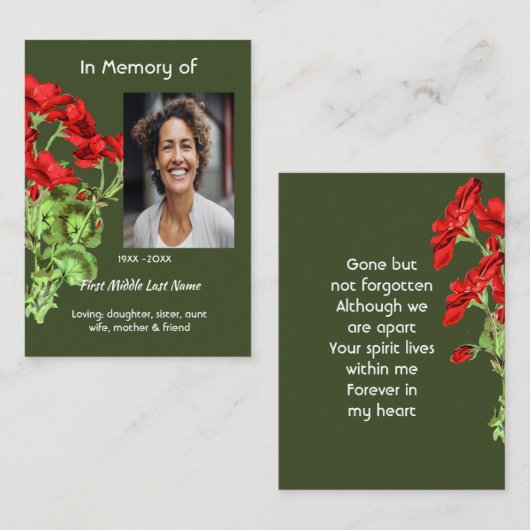 Memorial Keepsake Geranium Flower Visitenkarte (Vorne/Hinten)