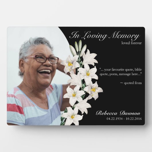 Memorial Lily floral Keepake Black Custom Foto Fotoplatte (Vorderseite)