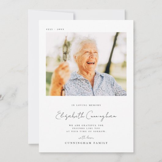 Memorial Love Memory Elegantes einfaches Foto Dankeskarte (Vorderseite)