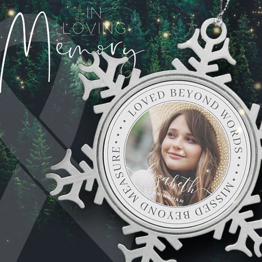 Memorial Loved Beyond Words Elegantes Chic Foto Schneeflocken Zinn-Ornament