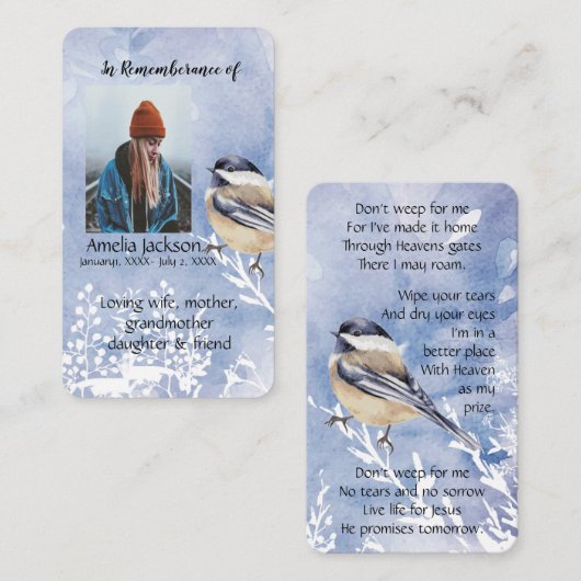 Memorial Memory Card Chickadee Bird Visitenkarte (Vorne/Hinten)