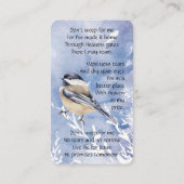 Memorial Memory Card Chickadee Bird Visitenkarte (Rückseite)