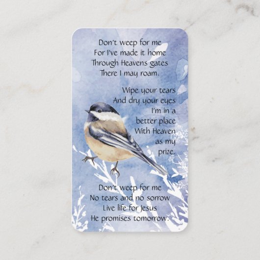 Memorial Memory Card Chickadee Bird Visitenkarte (Rückseite)