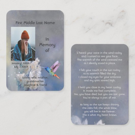 Memorial Memory Card Hummingbird White Blume Visitenkarte (Vorne/Hinten)