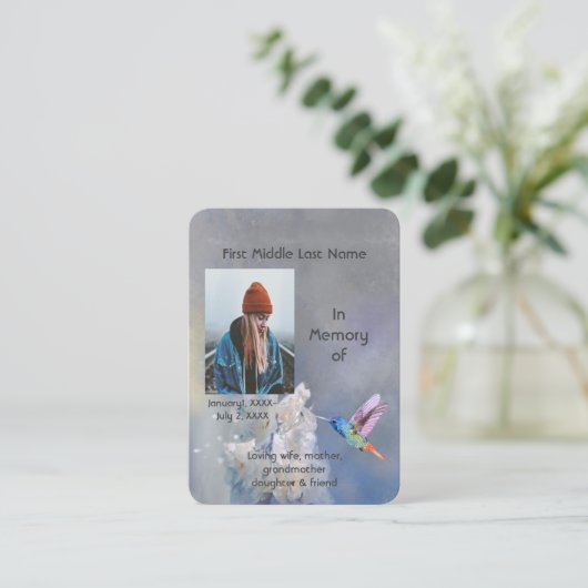 Memorial Memory Card Hummingbird White Blume Visitenkarte (Stehend Vorderseite)