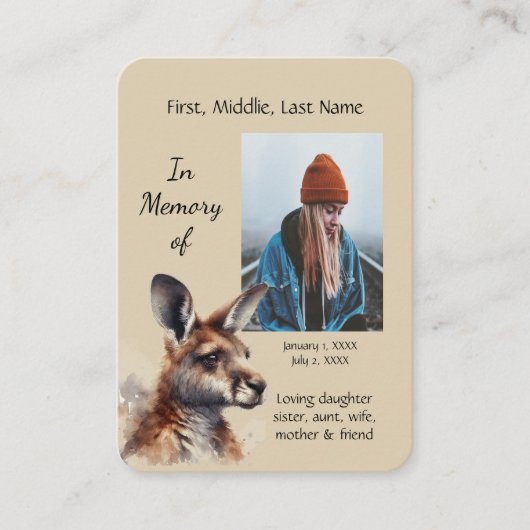 Memorial Memory Card Kangaroo Lover Australisch Visitenkarte (Vorderseite)
