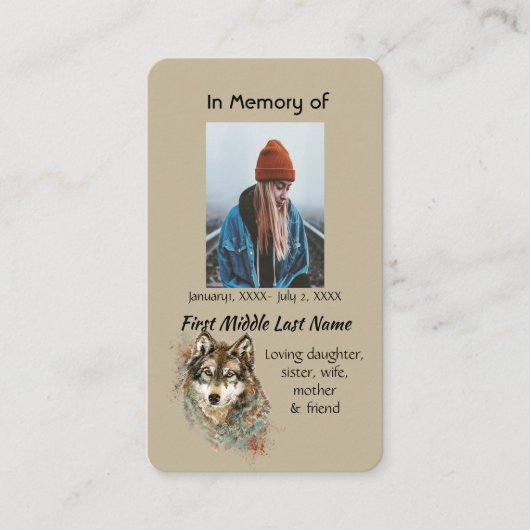 Memorial Memory Card Wasserfarben Wolf Tiere Visitenkarte (Vorderseite)