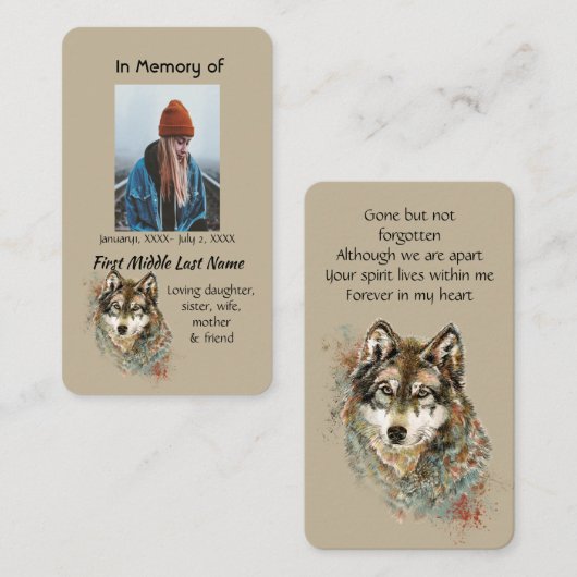 Memorial Memory Card Wasserfarben Wolf Tiere Visitenkarte (Vorne/Hinten)