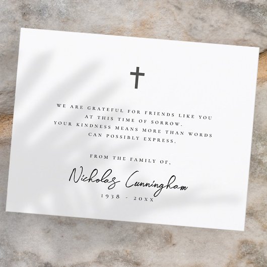 Memorial Modern Simple Elegance Cross Black & Whit Dankeskarte