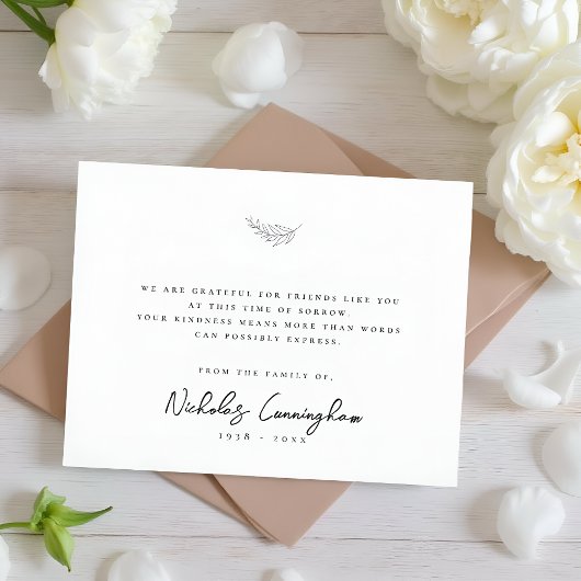 Memorial Modern Simple Elegant Black & White Leaf Dankeskarte
