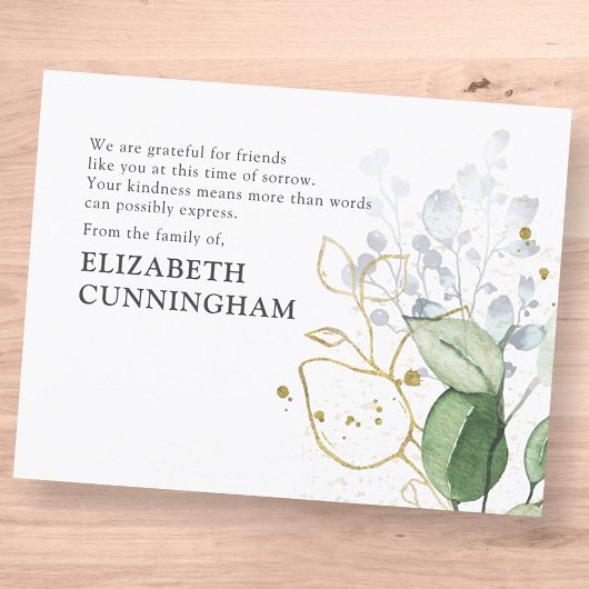 Memorial Modern Watercolor Grünfoliage Dankeskarte