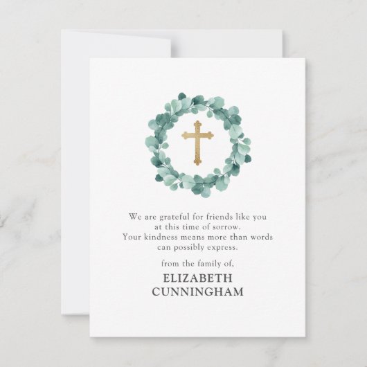 Memorial Modern Watercolor Wreath Gold Cross Dankeskarte (Vorderseite)