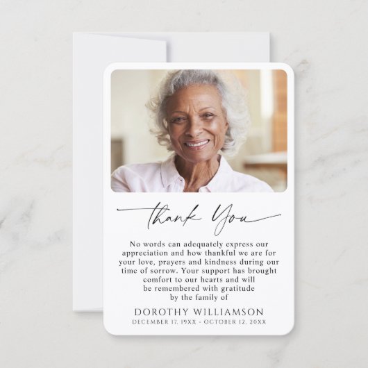 Memorial Photo Elegant Script Dankeskarte (Vorderseite)