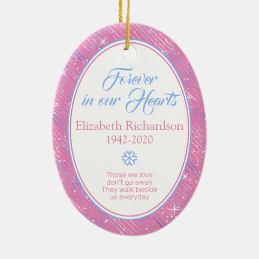 Memorial Pink Blue Stripes Oval Foto Weihnachten Keramik Ornament (Hinten)