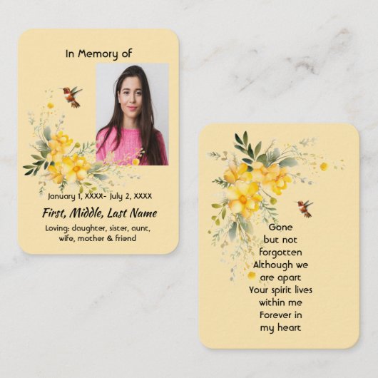 Memorial Pocket Card Hummingbird Yellow Roses Visitenkarte (Vorne/Hinten)