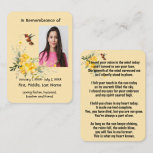 Memorial Pocket Card Hummingbird Yellow Roses Visitenkarte