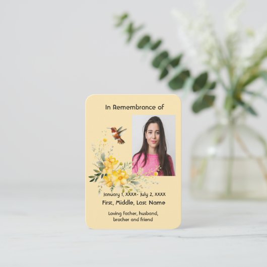 Memorial Pocket Card Hummingbird Yellow Roses Visitenkarte (Stehend Vorderseite)