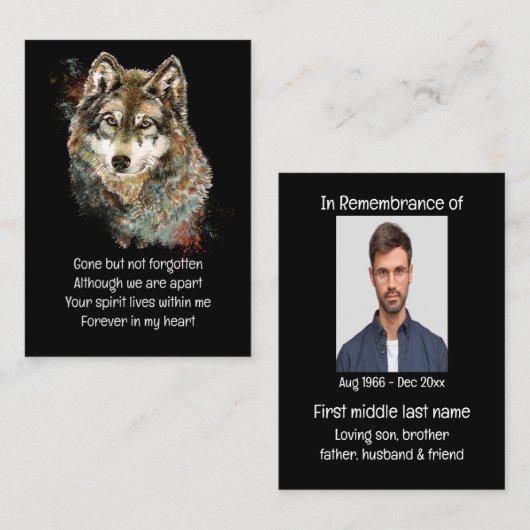 Memorial Pocket Keepake Wolf Tier Visitenkarte (Vorne/Hinten)