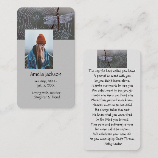 Memorial Prayer Card Dragonfly Dewdrops Visitenkarte (Vorne/Hinten)