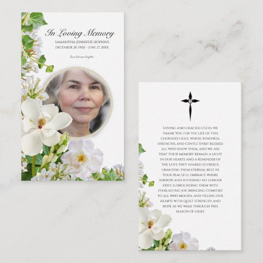 Memorial Prayer Card With White Flowers Visitenkarte (Vorne/Hinten)