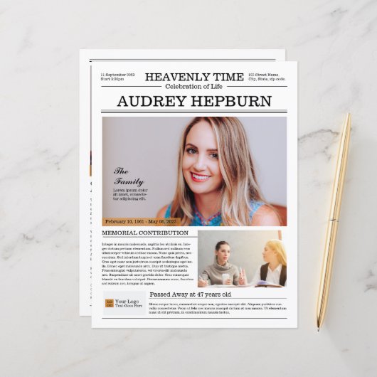 Memorial Program Newspaper Template (Vorderseite/Rückseite Beispiel)