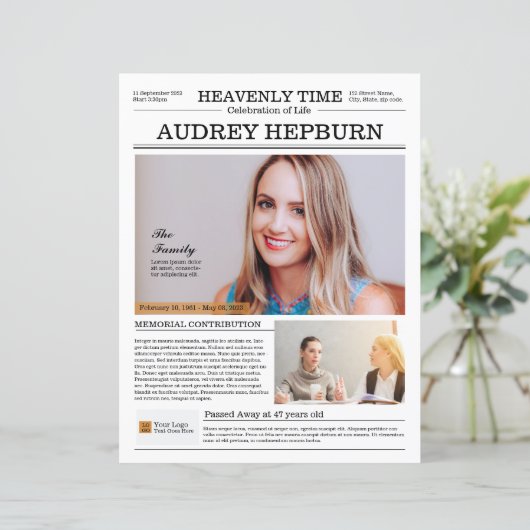 Memorial Program Newspaper Template (Stehend Vorderseite)