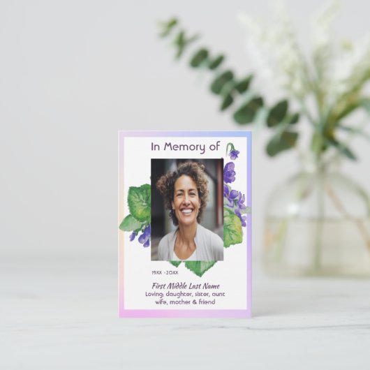 Memorial Remembrance Watercolor Wild Violet Visitenkarte (Stehend Vorderseite)