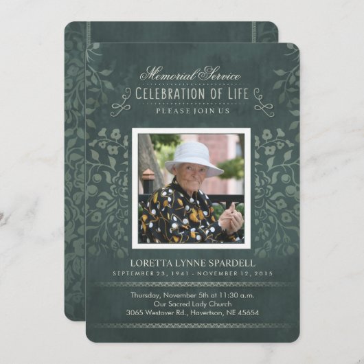 Memorial Service Aquamarin Floral Foto Custom Einl Einladung (Vorne/Hinten)