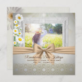 Memorial Service Beige Bow White Daisies Foto Einladung (Vorne/Hinten)