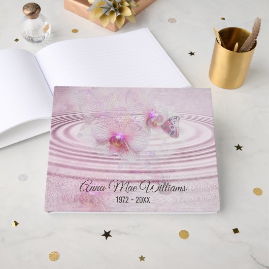 Memorial Service Butterfly on Pink Orchid  Gästebuch (Vorderseite Offen)