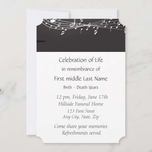 Memorial Service Einladen von Musiknoten Einladung (Rückseite)