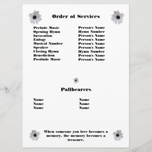 Memorial Service-Foto für afrikanische Daisis | Ko Programm (Rückseite)