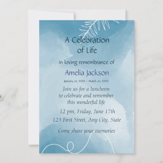 Memorial Service lädt zu blauen botanischen Blätte Einladung (Rückseite)