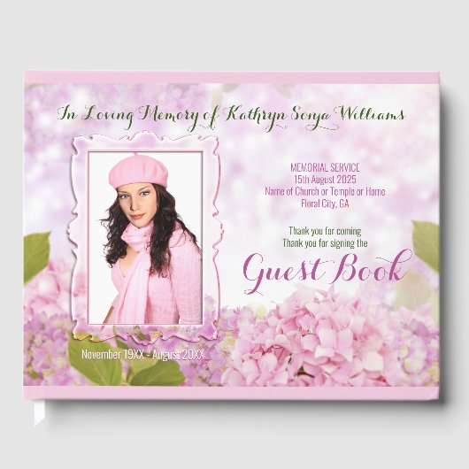 Memorial Service Pink Hydrangea Fügen Sie Ihr Foto Gästebuch (Vorderseite)