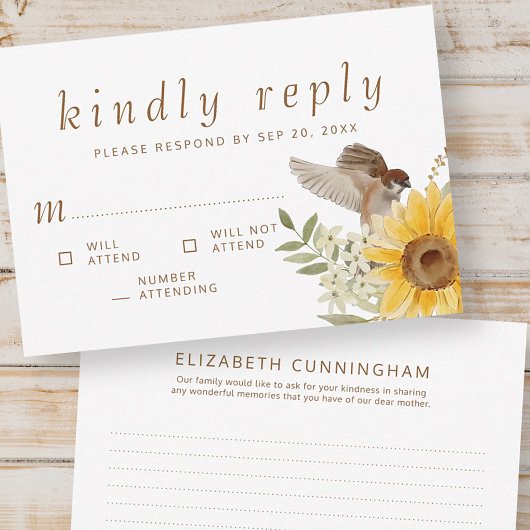 Memorial Watercolor Sonnenblumen Bitte beantworten RSVP Karte