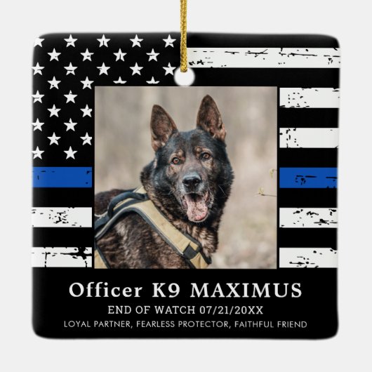 Memorial zum Thema "Thin Blue Line Officer K9 Poli Keramikornament (Rückseite)